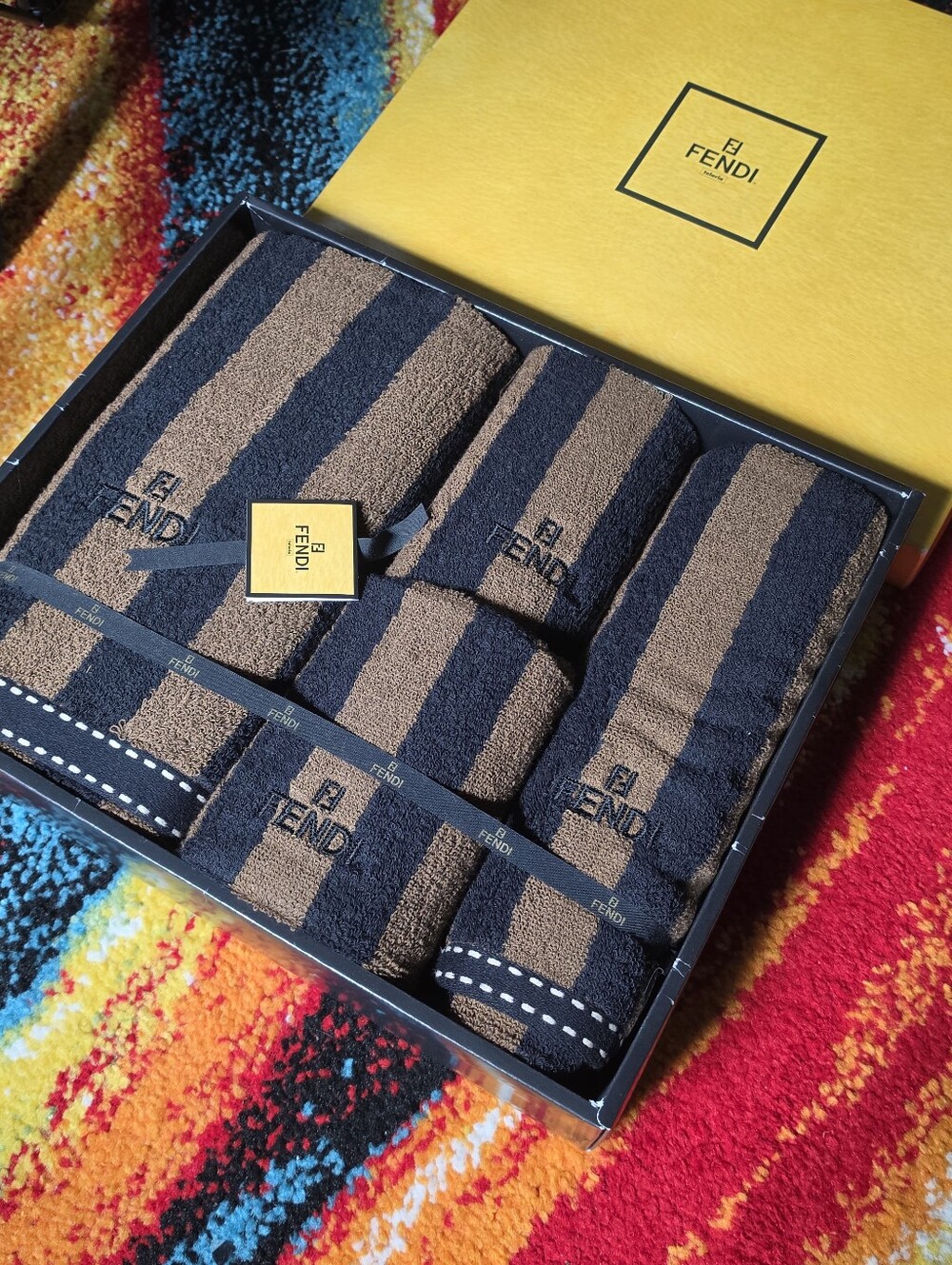 Authentic Fendi Brown and Black Striped Luxury Towel Gift Set